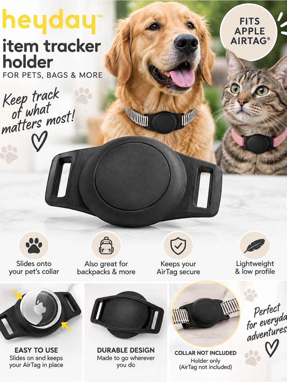 heyday Black AirTag Holder Slip-On for Pet Collars
